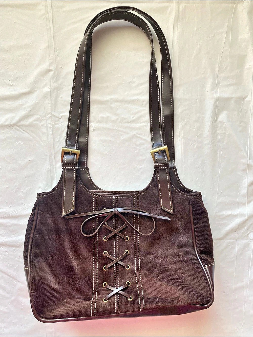 Vtg Y2K Chocolate Brown Corduroy Lace Up Shoulder Bag Whimsigoth Purse